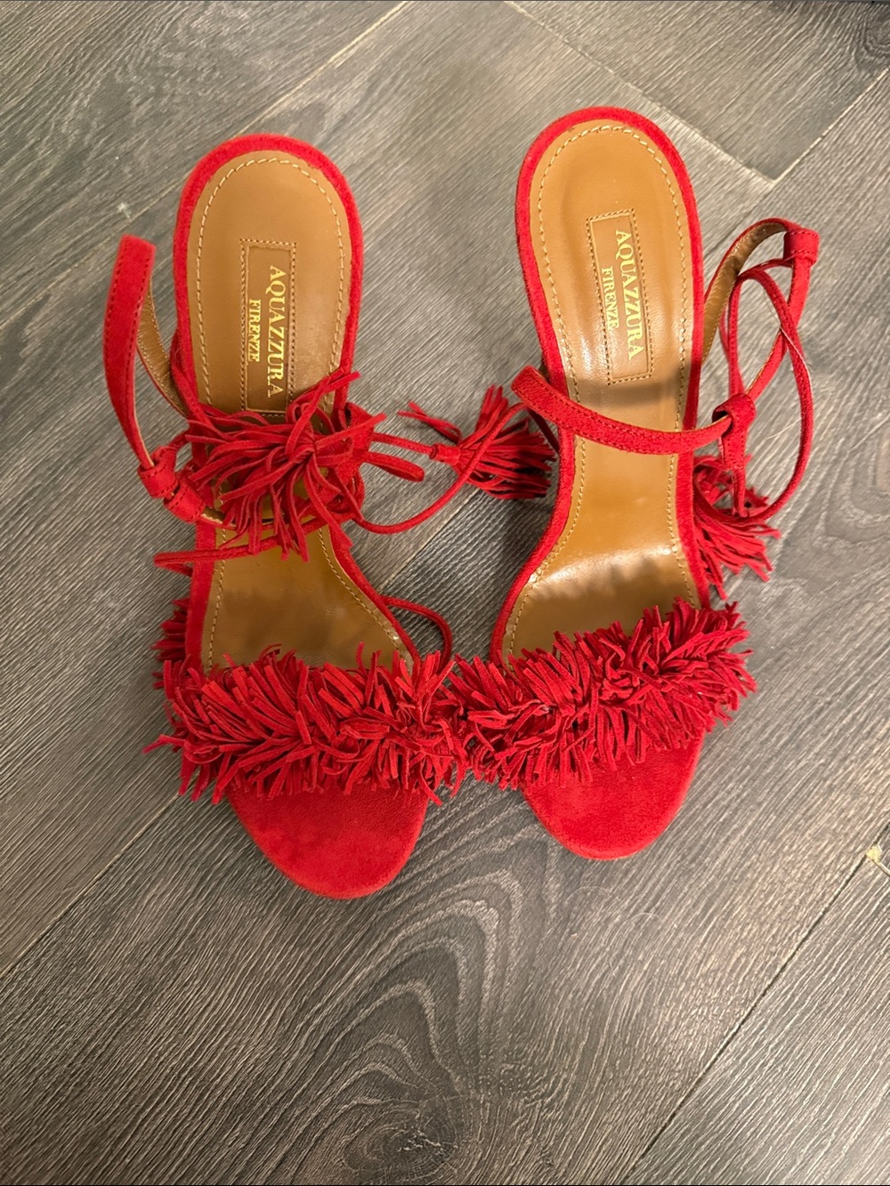 Aquazzura Red Suede Fringe Ankle-Tie Sandals